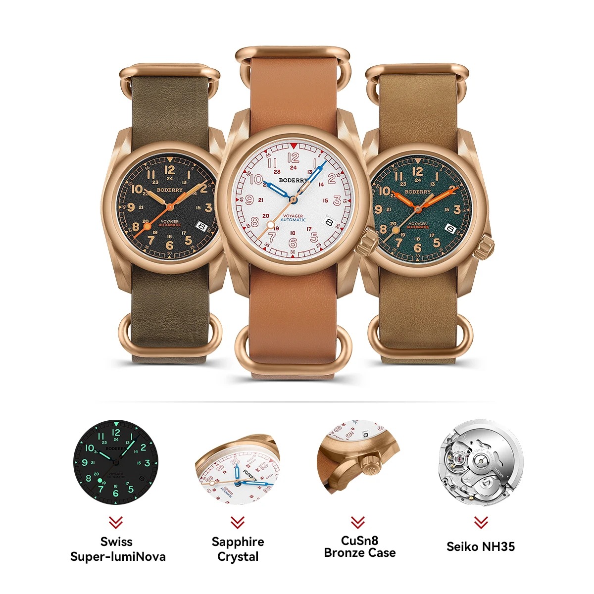 BODERRY Men Automatic Watch 40 - đánh giá và giá Bronze Case Watch